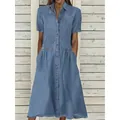 Casual light blue short sleeve denim dress with lapel collar and front button closure - S / Blue