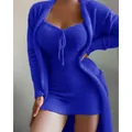 Vibrant blue plush 3-piece loungewear set with fuzzy cardigan and lace-up mini dress - S / Top And Bottom / Two-Piece Set / Dark Blue