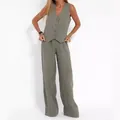 Elegante conjunto de verano de dos piezas para mujer con chaleco de lino verde oliva y pantalón ancho - S / Top Y Pantalón / Verde Grisáceo