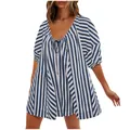 Front view of a loose-fitting blue and white striped romper with deep V-neck and tie detail - Navy Anchor
