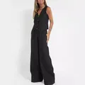 Elegante conjunto de 2 piezas de lino y algodón negro para mujer con chaleco y pantalón - S / Top Y Pantalón / Negro