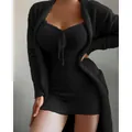 Women's black plush three-piece loungewear set featuring a lace-up front and soft cardigan - S / Top And Bottom / Two-Piece Set / Black