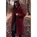 Cappotto lungo in pile teddy bordeaux da donna con cappuccio per autunno - Taglia S / Top / Borgogna