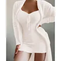 White plush 3-piece loungewear set with lace-up pajama dress and long cardigan - S / Top And Bottom / Two-Piece Set / White