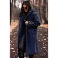 Elegante cappotto lungo in pile teddy blu navy con cappuccio per la moda autunno-inverno - Taglia S / Top / Blu scuro