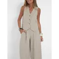 Elegante conjunto de chaleco de lino beige y pantalones anchos para un look de verano - S / Top Y Pantalón / Albaricoque