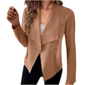 Chaqueta blazer de gamuza marrón para mujer con cuello drapeado y cierres de cremallera - S / Tops / Caqui