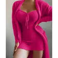 Cozy bright pink fuzzy loungewear set featuring a mini dress and matching long cardigan - S / Top And Bottom / Two-Piece Set / Rose Red