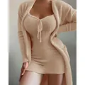 Soft apricot plush loungewear set with tie-front dress and matching cardigan. - S / Top And Bottom / Two-Piece Set / Apricot