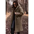 Elegante cappotto teddy lungo con cappuccio da donna in marrone per autunno inverno - Taglia S / Top / Kaki