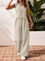 Chic beige linen-look set featuring a buttoned V-neck vest and matching wide-leg trousers - Apricot