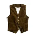 Detailed front view of a vintage brown corduroy men's workwear vest with functional pockets - S / Tops / Brown