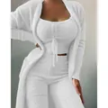Cozy white 3-piece fuzzy loungewear set with long cardigan and drawstring tank top - S / Top And Bottom / 3-Piece Long Pants Set / White