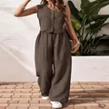 Full view of a summer linen two-piece set with V-neck button vest and wide-leg trousers - S / Coffee