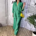 Conjunto casual de dos piezas en verde vibrante efecto lino con camisa y pantalón ancho - S / Parte Superior Y Inferior / Verde