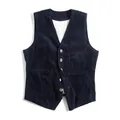 Detailed macro view of the navy blue vintage corduroy texture on this men's workwear vest - S / Tops / Dark Blue