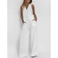 Elegantes weißes Damen-Set aus Leinen und Baumwolle mit Weste und einer weiten Hose - S / Oberteil Und Unterteil / Weiß