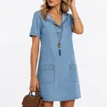 Light blue short sleeve denim mini dress with V-neck and pockets for casual wear - S / Top And Bottom / Light Blue