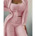 Cozy three-piece pink plush loungewear set for women featuring drawstring top and soft fleece fabric - S / Top And Bottom / 3 Pieces Set (Long Pants) / Pink