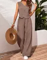 Women's summer two-piece set featuring a linen-look V-neck button vest and wide-leg trousers - Camel