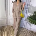 Ensemble deux pièces décontracté aspect lin avec cardigan manches longues et pantalon large - Kaki