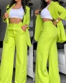 Elegant lime green slit-sleeve blazer and wide-leg trousers two-piece set for women - 3XL / Top And Bottom / Yellow