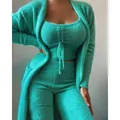 Cozy teal fuzzy 3-piece loungewear set featuring cardigan, drawstring top and pants - S / Top And Bottom / 3 Pieces Set (Long Pants) / Green