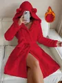 Cozy red coral fleece hooded bathrobe with cute ears for winter home wear. - S / Tops / Red