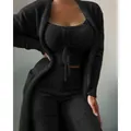 Cozy 3-piece plush loungewear set with drawstring top and cardigan - S / Top And Bottom / 3 Pieces Set - Long Pants / Black