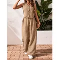 Conjunto de lino de dos piezas de verano con chaleco con cuello en V y pantalón ancho - S / Top y Pantalones / Caqui