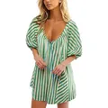 Casual green and white striped summer romper with deep V-neck and short puffy sleeves - S / Top And Bottom / Green