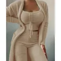 Cozy three-piece cream plush loungewear set featuring a drawstring top and long cardigan - S / Top And Bottom / 3 Pieces Set - Long Pants / Apricot