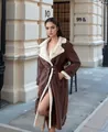 Full length view of stylish brown faux leather shearling coat with lapels on model - S / Tops / Coffee