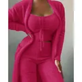 Women's cozy 3-piece plush loungewear set with drawstring top and cardigan - S / Top And Bottom / Three-Piece Set / Rose Red
