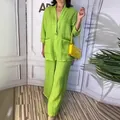 Conjunto casual de dos piezas verde lima con cárdigan de manga larga y pantalón ancho - S / Parte Superior Y Inferior / Verde Fluorescente