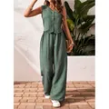 Conjunto casual de lino verde de dos piezas con chaleco con cuello en V y pantalón ancho - S / Top y Pantalones / Verde Militar