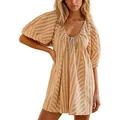 Boho style yellow striped loose short sleeve V-neck romper for women's summer wear - S / Top And Bottom / Khaki