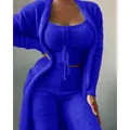 Royal blue three-piece plush loungewear set featuring cardigan and drawstring top for women - S / Top And Bottom / Three-Piece Set / Dark Blue