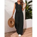 Conjunto de dos piezas para mujer con chaleco de lino negro con cuello en V y pantalón ancho - S / Top y Pantalones / Negro