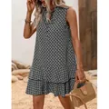 Bohemian printed sleeveless V-neck tie dress with ruffled hem in outdoor setting - S / Top And Bottom / Black