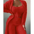 Cozy women's 3-piece plush loungewear pajama set in vibrant red with drawstring top - S / Top And Bottom / Three-Piece Set / Red