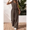 Elegant brown linen two-piece set featuring V-neck buttoned vest and wide-leg trousers - Red Brown