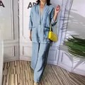 Ensemble deux pièces décontracté bleu clair avec haut à manches longues et pantalon large - Bleu clair