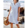 Casual blue and white striped short sleeve shirt dress in loose fit for summer - S / Tops / Light Blue