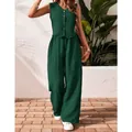 Dark green linen summer two-piece set with V-neck button vest and high-waist wide-leg pants - Dark Green