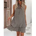Elegant Bohemian geometric print V-neck sleeveless dress with front tie neck detail - S / Top And Bottom / Gray