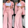 Elegant pink two-piece blazer and high-waist wide-leg trouser suit for women's summer commuter. - S / Top And Bottom / Pink