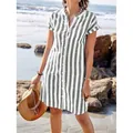 Summer casual grey and white vertical striped loose shirt dress for women on beach - S / Tops / Gray