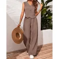 Casual linen 2-piece set with V-neck button vest and wide leg trousers in mocha brown - Coffee