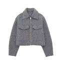 Graue strukturierte Bouclé-Kurzjacke mit Reißverschluss und Pattentaschen für Damen Herbst - XS / Oberteile / Gemischt Grau